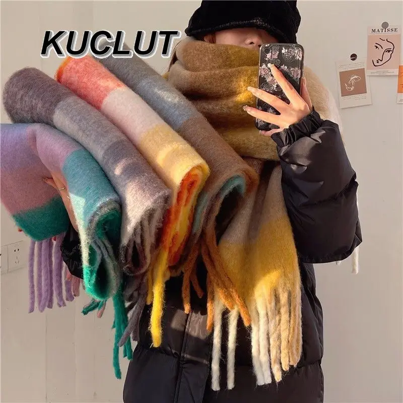 

Зимний клетчатый большой шарф, утолщенный цветной шарф для шеи, теплый шарф с радужными цветными блоками и кисточками, модные шарфы для женщин