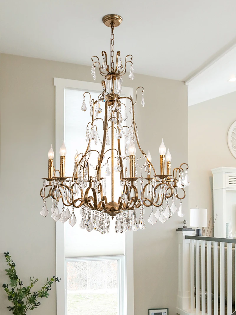 Antique Silver Chandelier American Style Farmhouse chandeliers Duplex villa  Rotating Staircase Hanging lamp LED Cristal Light