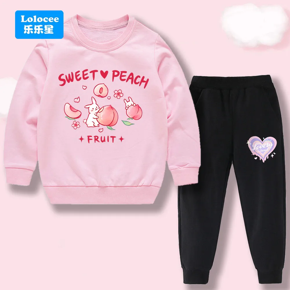 Girls Crew Neck Sweatshirt & Pants Set Sweet Peach Rabbit Cartoon Top +Joggers Kids Casual 2Pcs Outfits Children Clothes TZ01