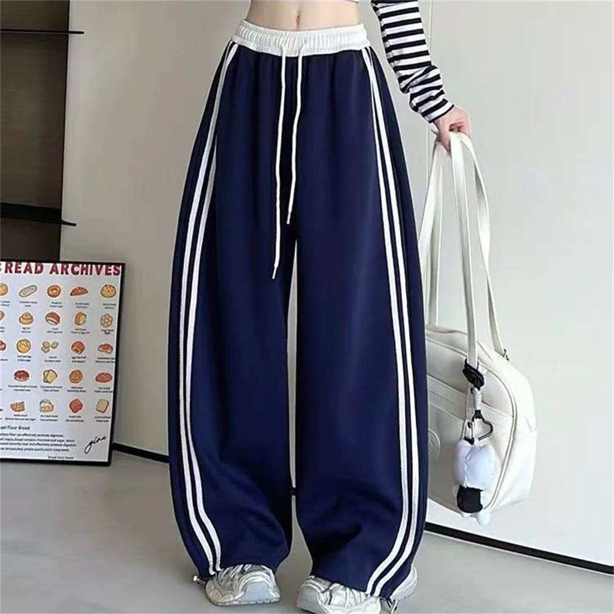 Women Fashion Stripe Drawstring Pants High Waist Color Blocking Wide Leg Trouser Female Baggy Joggers Street Pant Casual Hip Hop