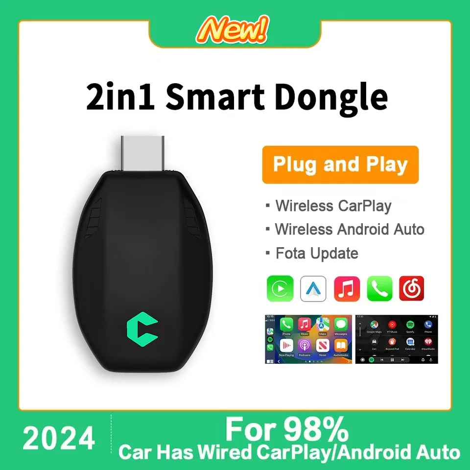 2024 New Wireless CarPlay Android Auto Adapter smart Mini Box Plug And Play 5GHz WiFi Fast Connect 2 in 1 Wireless Adapter