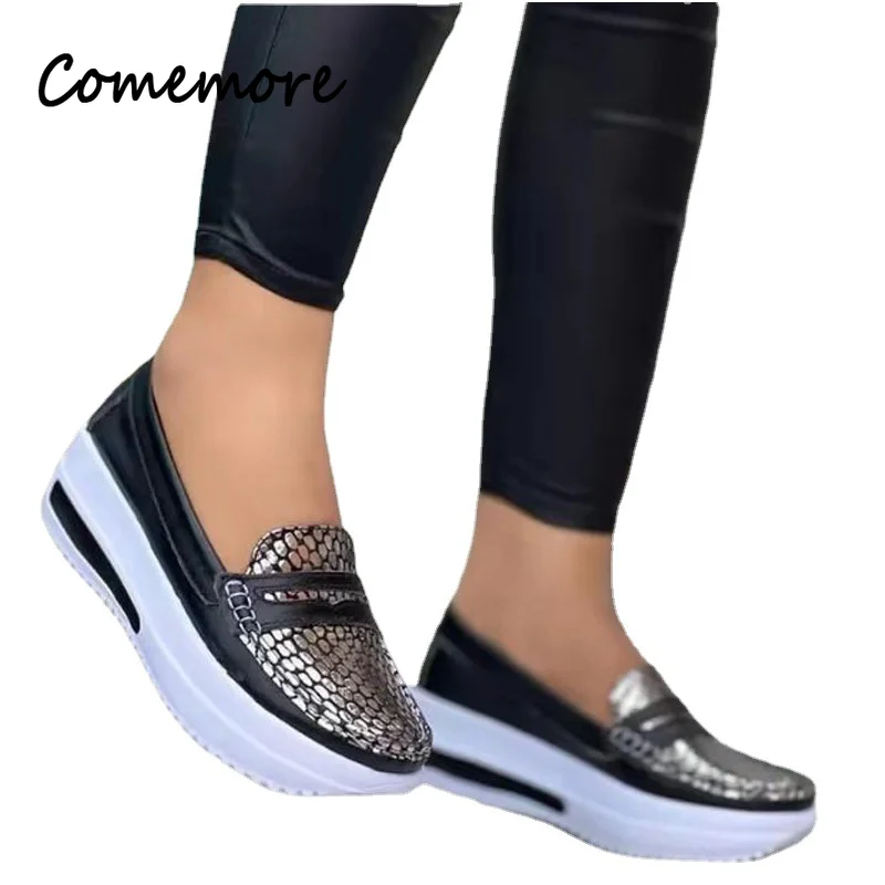 Comemore Plus Size 43 Casual Flat Shoes of Women 2023 Fashion Round Toe Platform Sneakers Comfort Non Slip Woman Loafers Silver