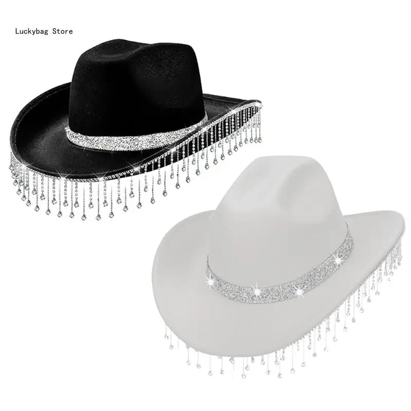 

Cowboy Rhinestones Tassels Western Cowgirl Hat for Womens Girl Photo Props