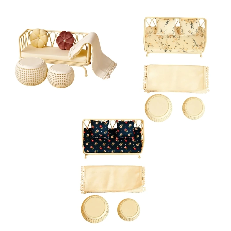 ミニチュア鉄ソファリビングルーム家具セットテーブルラグ付き 1/12 ドールハウス装飾子供ごっこ遊びゲーム 15UB