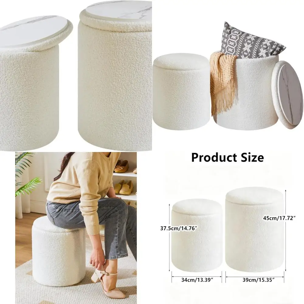 

Pair of Round Ottomans with Storage for Dorms, Fleece Vanity Stool, Velvet Footrest, and Home Organization