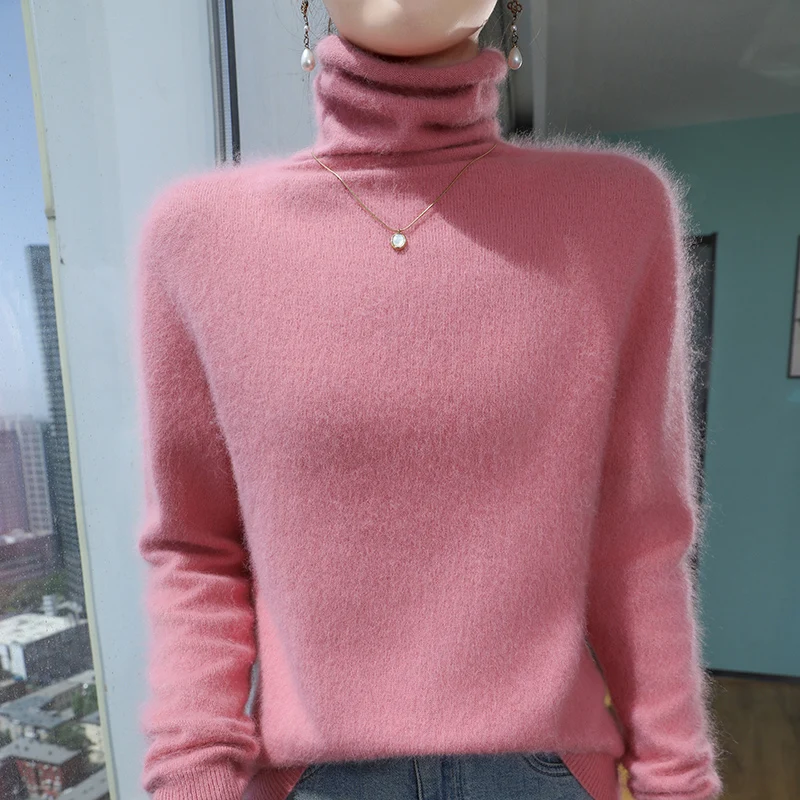 Customization 100% Pure Mink Cashmere Knitted Pullovers Women High-Neck Loose Large-size Sweater Casual Warm Tops Autumn And Win