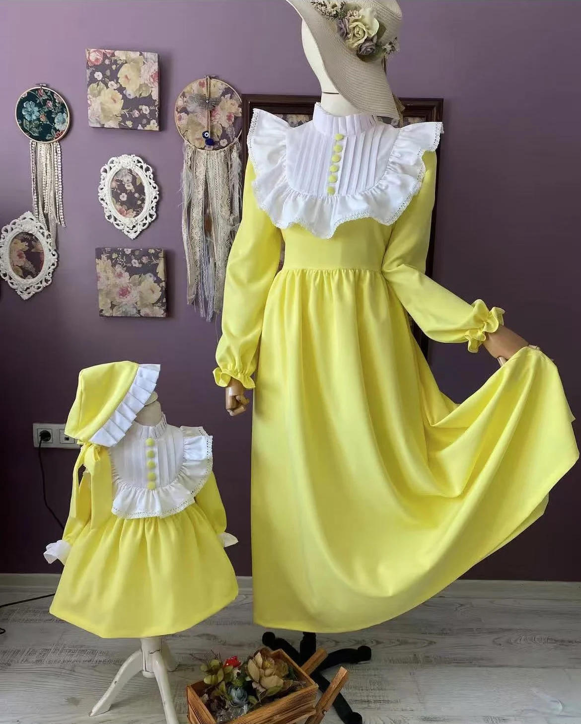 Baby Girl Women Summer White Yellow Vintage Spanish Princess Dress for Party Holiday Eid Casual Photograhy