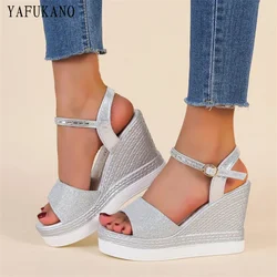 Glitter Ankle Strap Wedge Sandals Silver Party Wedding Shoes Fashion Platform High Heels Open Toe Women Pumps Small Size 33