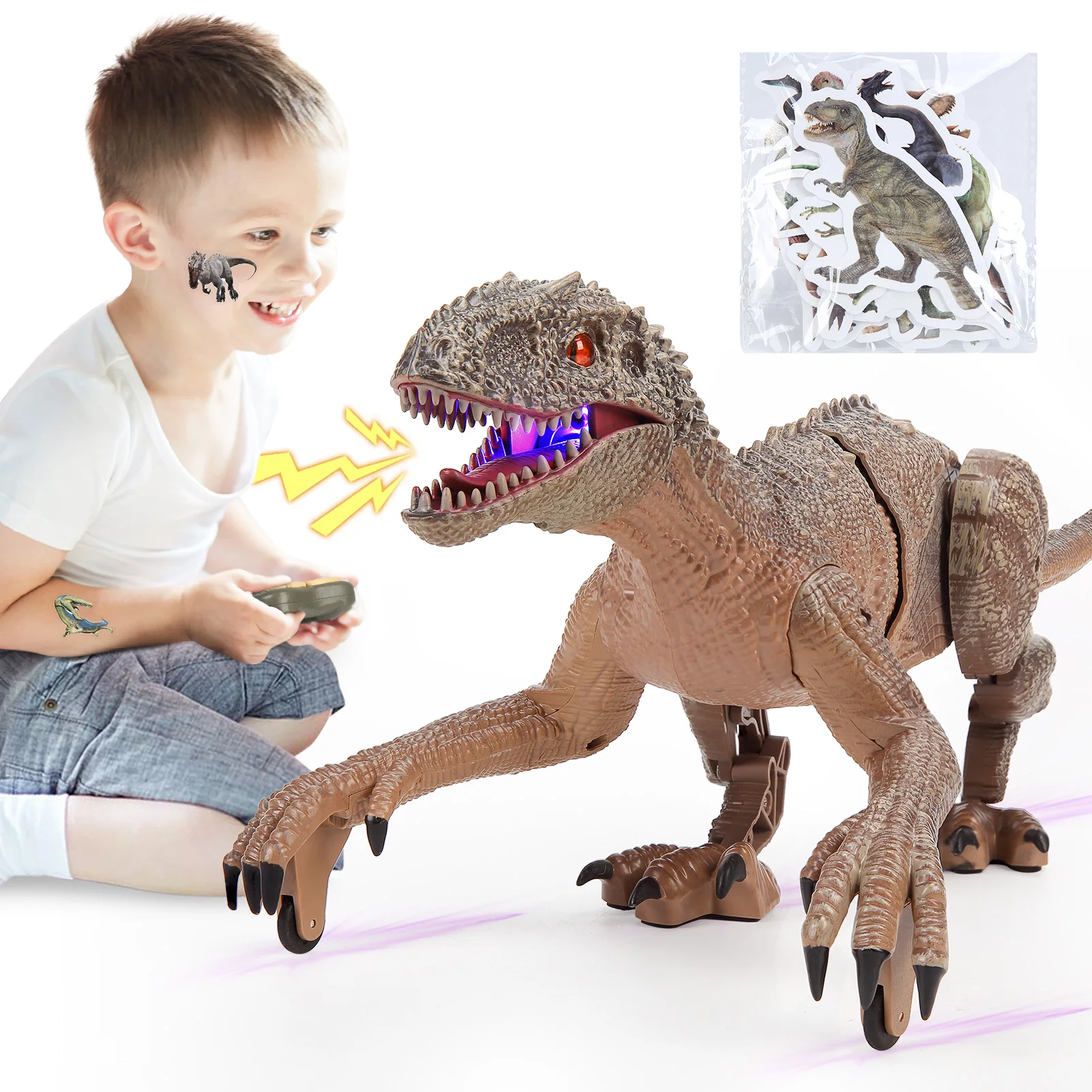 RC Dinosaur, Remote Control Dinosaur, Jurassic Velociraptor Toys with 50 Sheets Dinosaur Stickers, Walking Sounds Mode