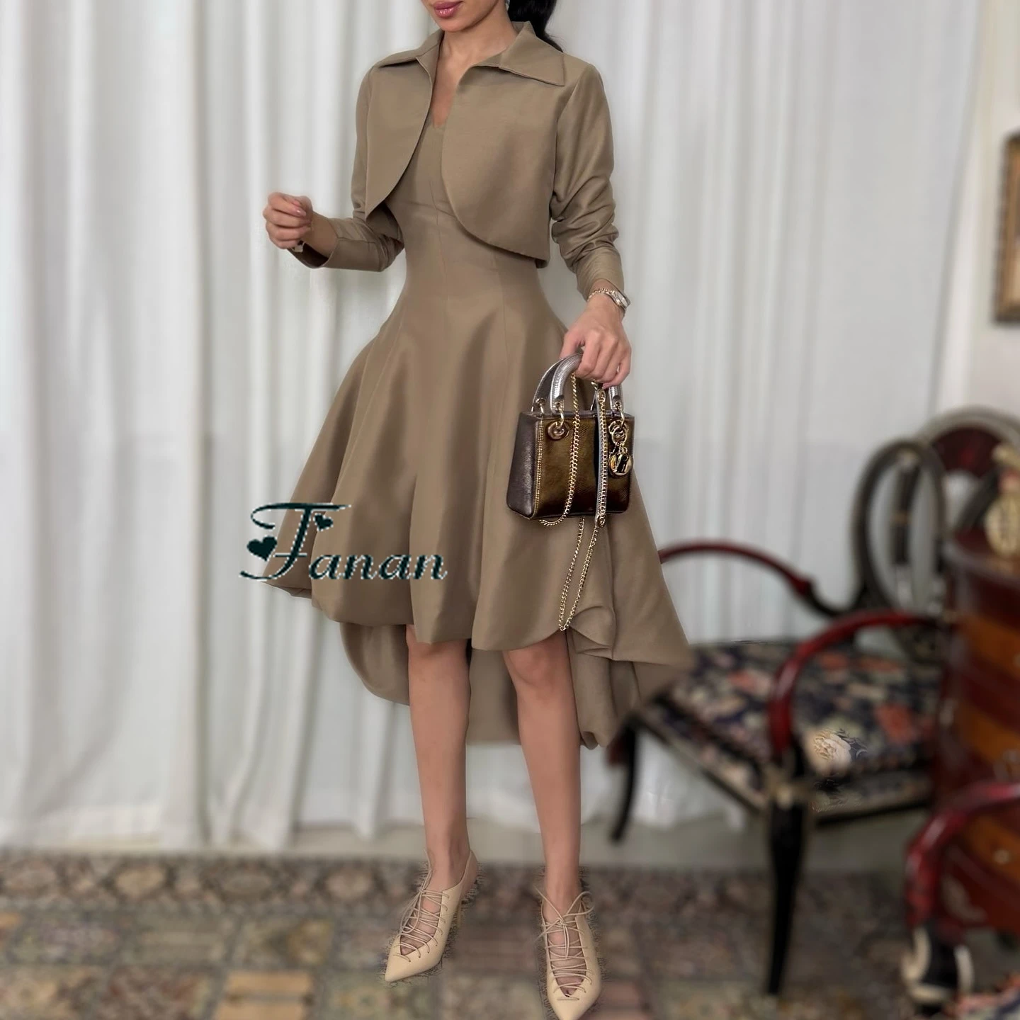 Customized V-neck Brown Satin Draped Evening Dress With Jacket Full Sleeves Hi-Low Party Dress 2-piece Knee Length Prom Gown