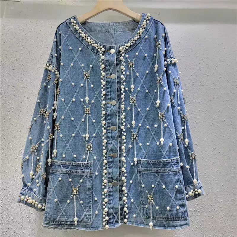 

Denim Jackets Hand-made Fringed Pearl Diamond Cotton Blue Denim Jacket Women Coats Vintage Long Sleeve Autumn Outwear Casual