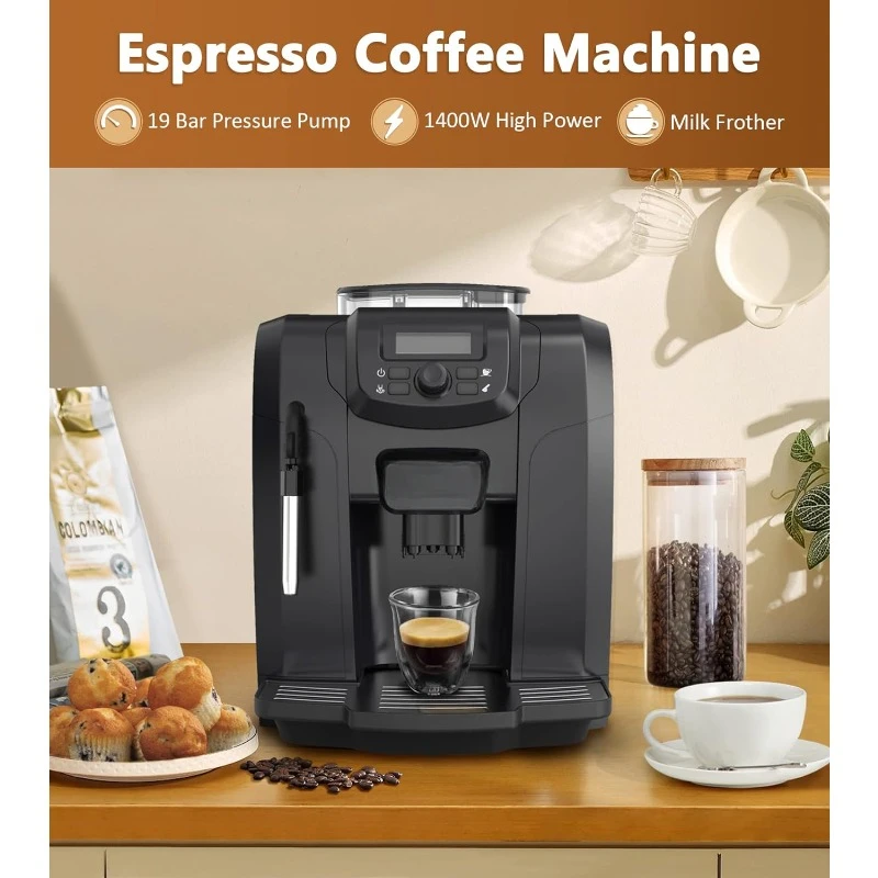 Fully Automatic Espresso Coffee Machine,   Frother Steam Wand, for Cappuccino Latte Macchiato, for Coffee Lover, ME-715, Black