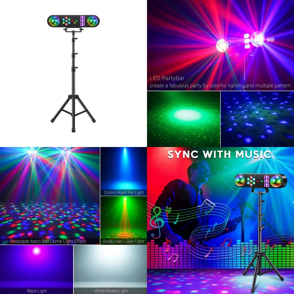 

5 in 1 Disco Stage Lighting System for DJ Party Wedding Event Rotating Ball UV LED PAR Light with Colorful Patterns and Stand