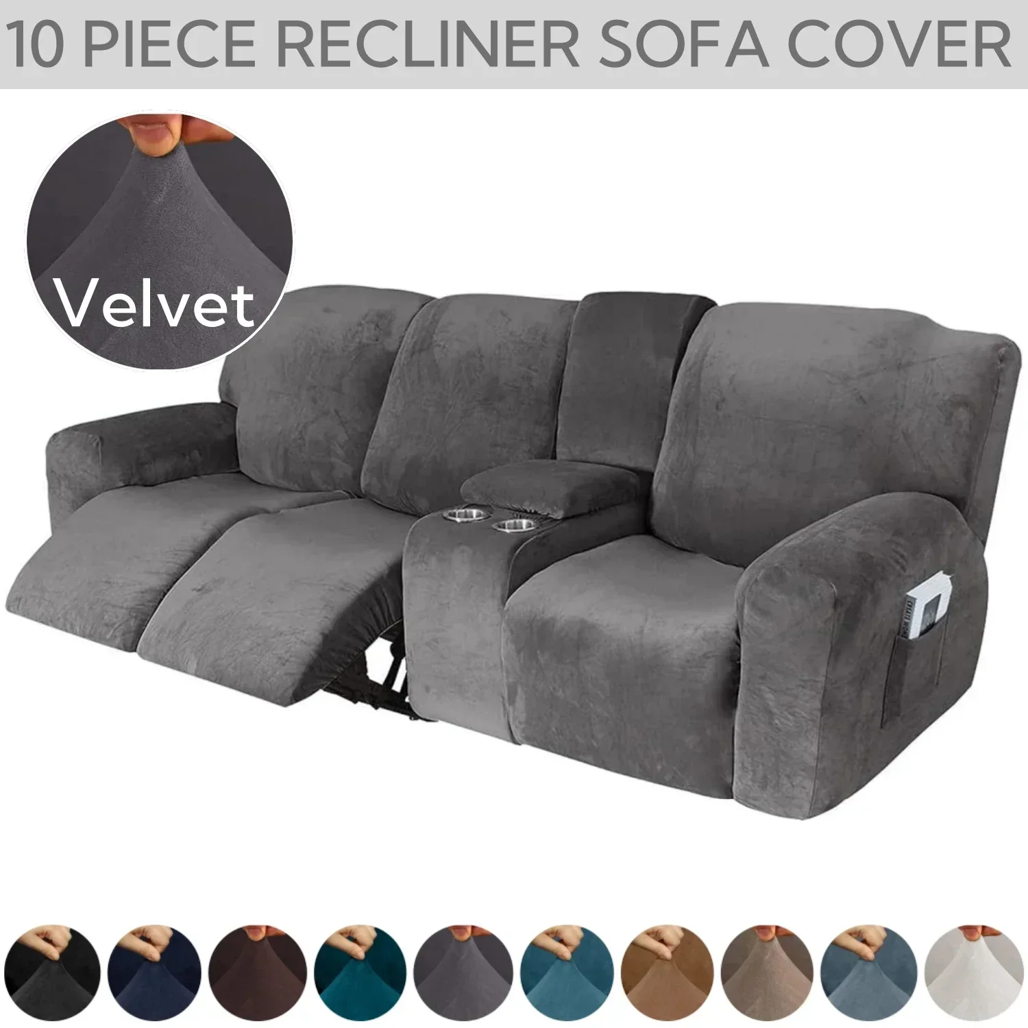 3 seater Recliner Sofa Cover with Middle Console Slipcover 10-Piece Thick Velvet Stretch Sofa Covers Protector Washable