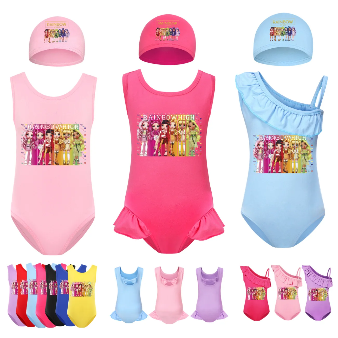 New Rainbow High Baby Girls Swimsuit Swimwear Cute Cartoon Kids Princess Lovely Sport Beach Wear Bath Suit