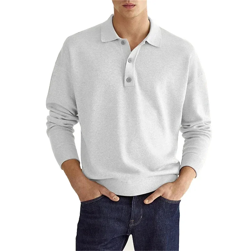 Men's Long Sleeve POLO Shirt Solid Color Lapel Button Office Commuter Business Casual Pullover Fashion Sports T-shirt S-3XL