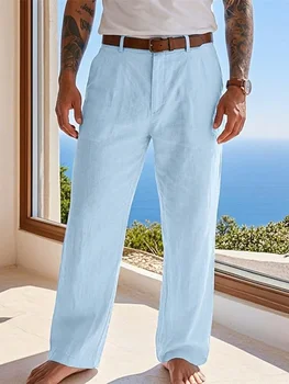 Men's Formal Linen Summer Pants Straight Tube Solid Color Comfortable Breathable Formal Business Fashion Basic Style 2