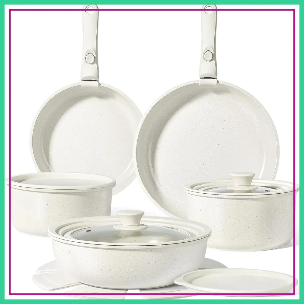 

Nonstick Pots and Pans Set 15 Piece, Detachable Handle, Healthy Non Toxic PFAS PFOA & PTFE Free, Dishwasher & Oven Safe, Induction Compatible, Cream