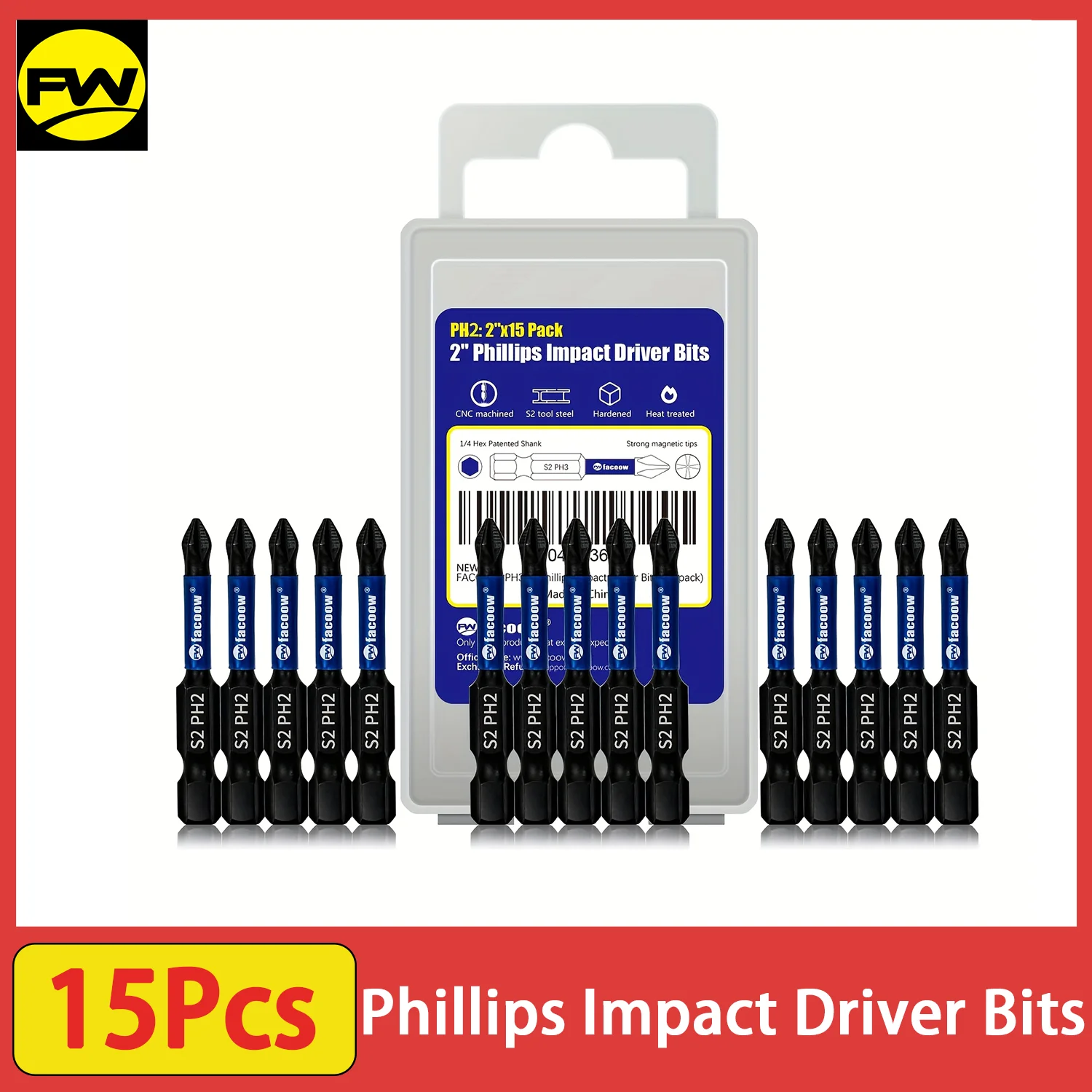 

15 шт. ударные отвертки Phillips, # 2 отвертки, 2-дюймовые ударные биты из легированной стали S2, сверло с шестигранным хвостовиком 1/4 дюйма