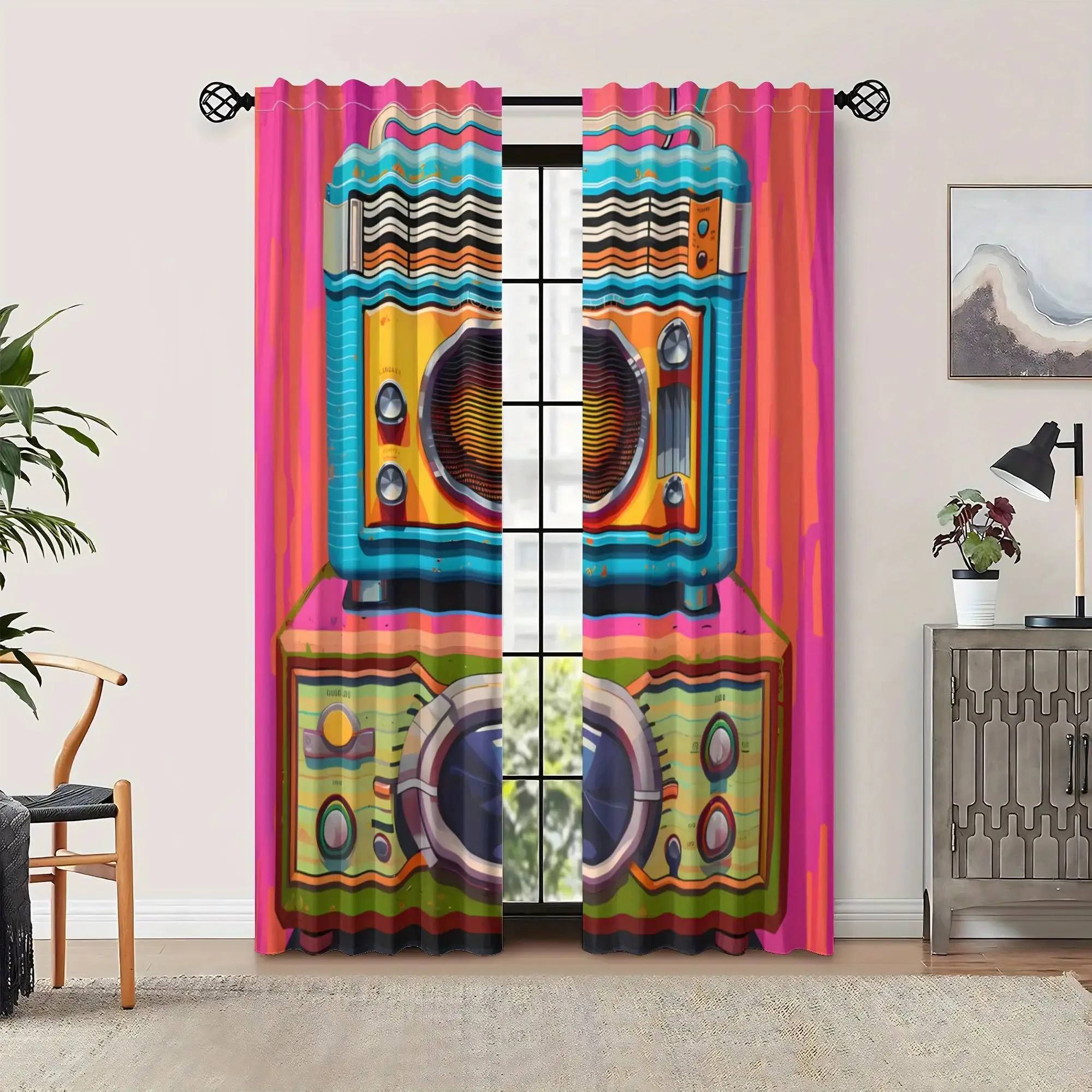 Vintage Phonograph Cassette Tape Design Blackout Curtain - Retro 80s Music Theme with Pink & Multicolor Retro Print, Machine Was