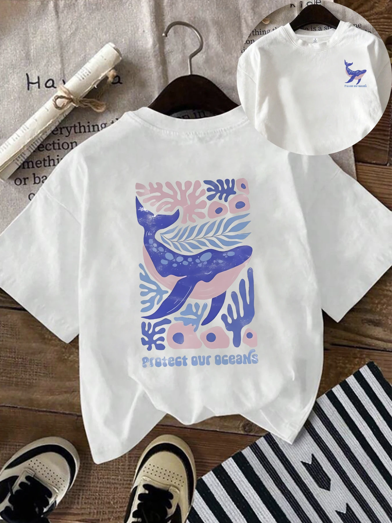 

Whale seaweed Plus size women's round neck short sleeve T-shirt with elastic half sleeves and trendy prints