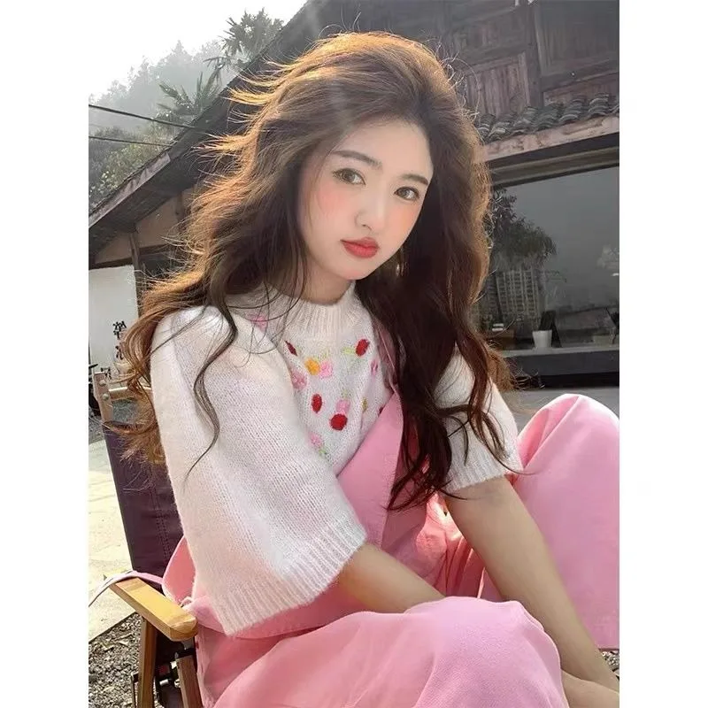 

Blouse Knitwear Women Summer Puff Sleeves Knit Sweet Embroidery Loose Fit Cropped Round Neck Short Sleeves Versatile Distinctive