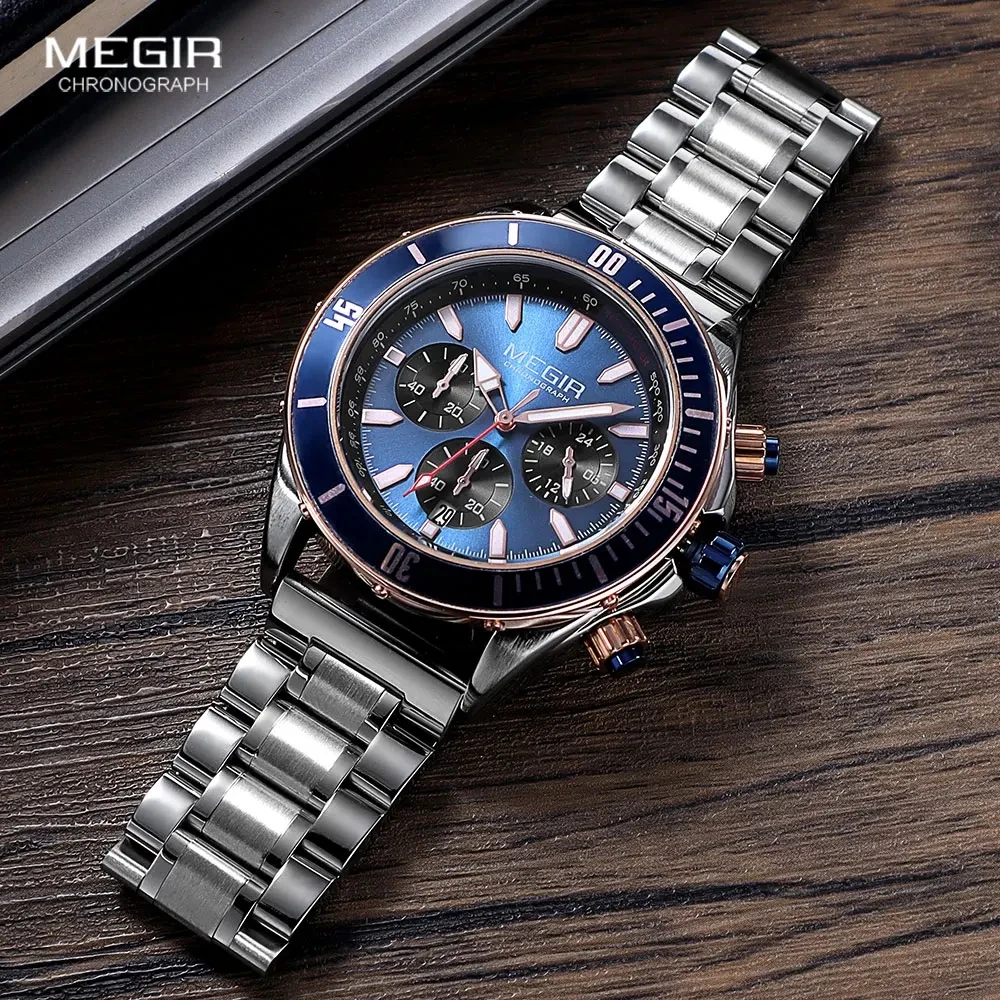 MEGIR 2226 Men Quartz Watch Silver Blue Black Business Chronograph Luminous Wristwatch with Stainless Steel Silicone Strap