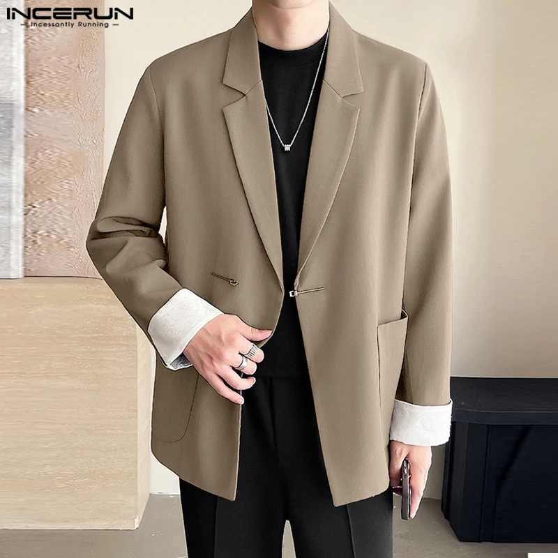 Casual Simple Style Tops INCERUN 2024 Men\'s Personality Patchwork Cuffs Solid Suit Coats Handsome Male Long Sleeved Blazer S-5XL