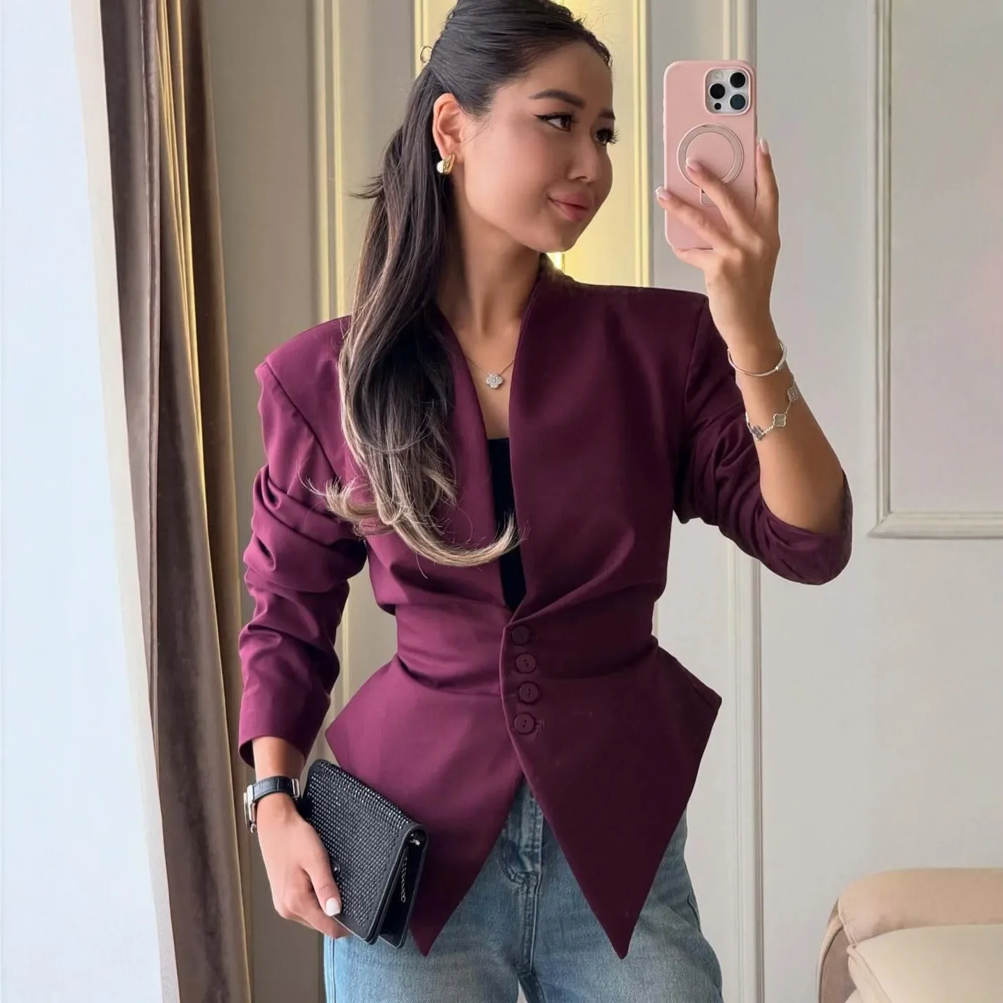 Solid Pleated Women's Jacket Chic V-neck Waist Cinched Single Breasted Tie Up Full Sleeve Coats Lady 2026 Autumn Woman Outerwear