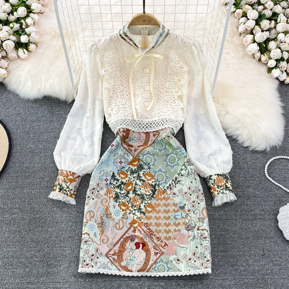 

Women's Runway Fashion Spring Summer Long Sleeve Lace Print Short Dress Female High Waist Chic A-Line Party Dress TB405