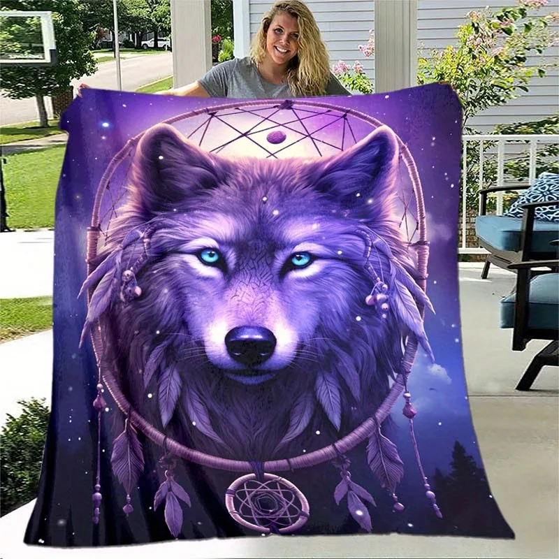 1pc Dream Catcher And Purple Wolf Thin Blanket - Lightweight Flannel Throw For Sofa, Bed, Travel, Camping, Living Room, Office,