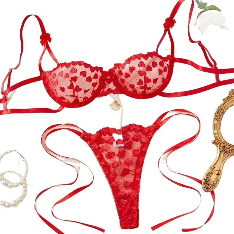 Women's Romantic Heart-Shaped Sexy Lingerie Embroidery See-Through Mesh Bra with Underwire Sexy Lingerie Set for Women Bra