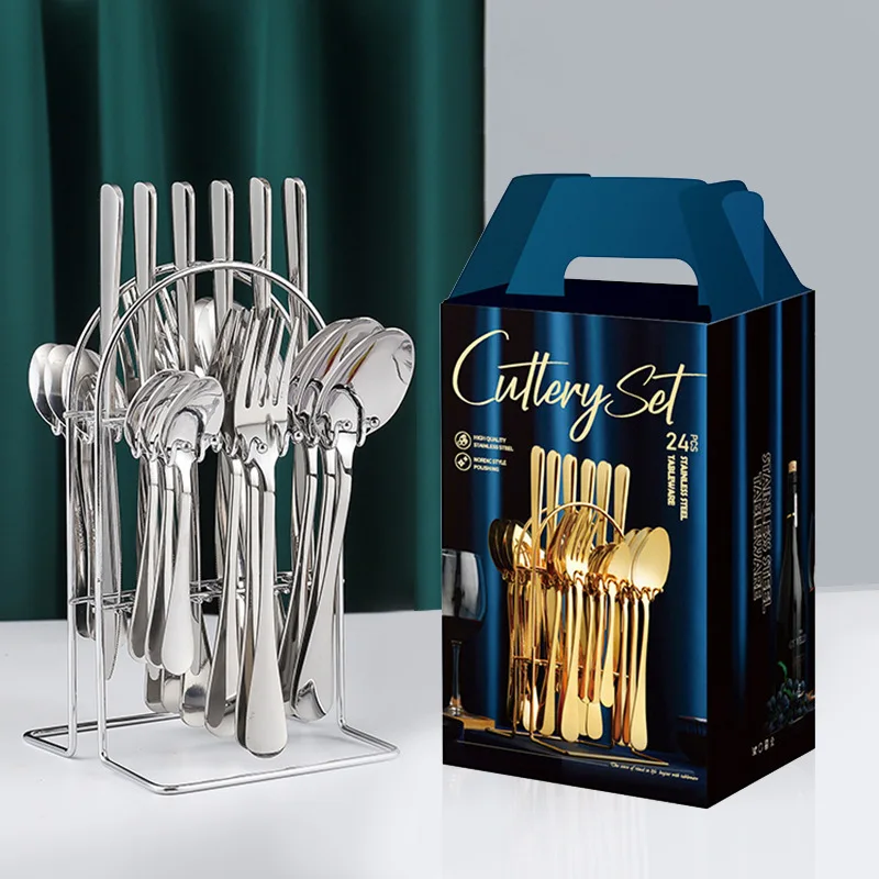 24-Piece Gold Silverware with Rack,410 Stainless Steel Utensils,Kitchen Utensil Set Service for 6,Spoon Fork Knife Tableware