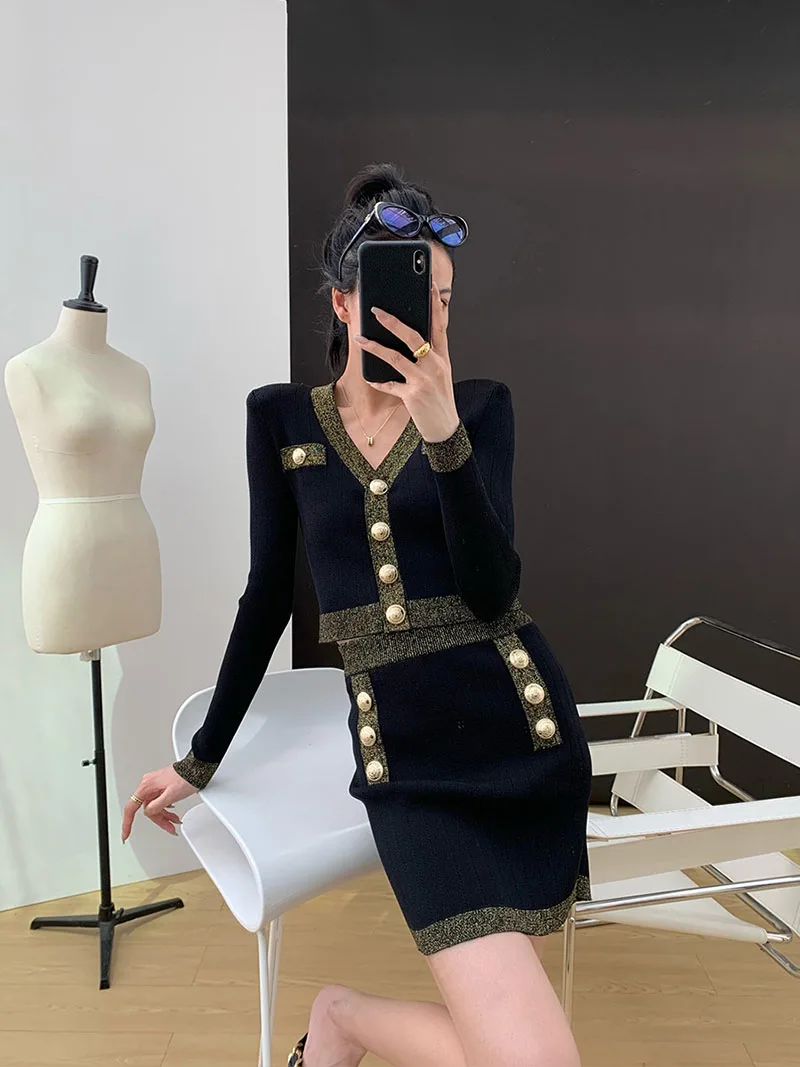 Conjunto de Saia de Malha Elegante MMZ Primavera 2023 com Decote em V, Estilo Feminino e Elegante, Tendência de Moda entre as...