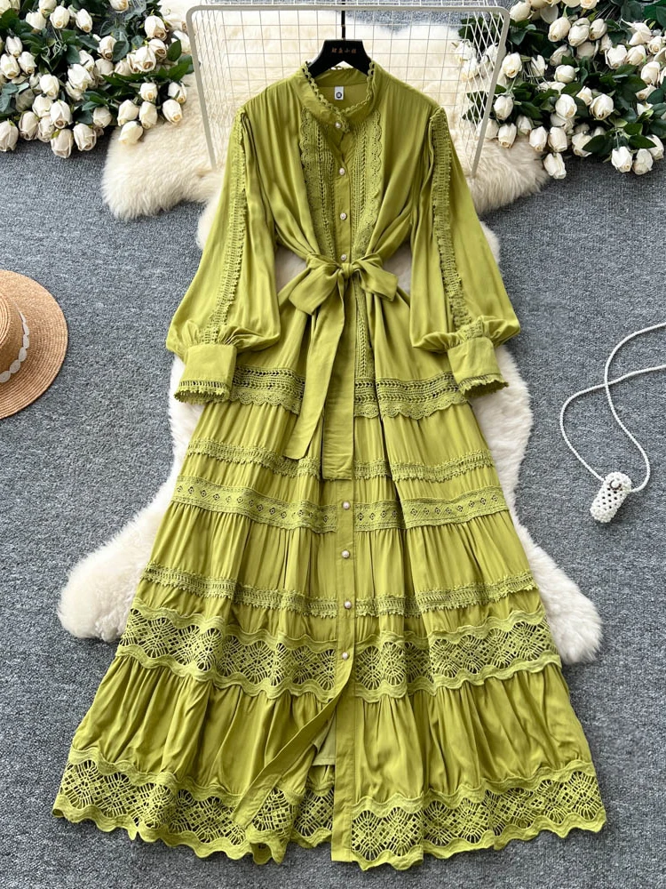 

Ретро-платье с тяжелой вышивкой, кружевными вставками, рукавами-фонариками, поясом на талии, женское, приталенное, длинное, на одной пуговице, осеннее