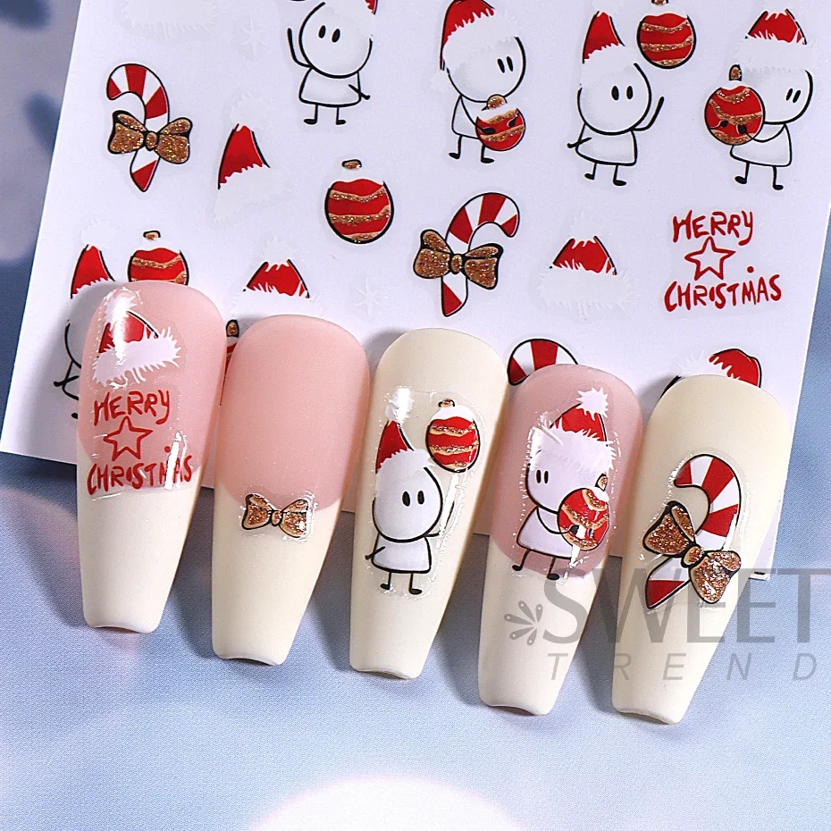 3D Gold Glitter Christmas Cow Nail Stickers Valentine\'s Day Cartoon Red Lantern Character Candy Cane Fireworks Doll Winter Tips