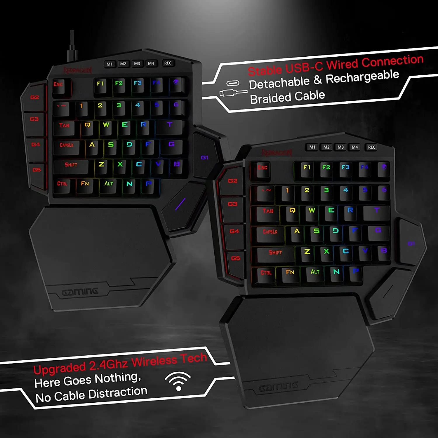 Imagem -02 - Redragon-um-handed Rgb Teclado Mecânico para Jogos Descanso de Pulso Destacável K585 sem Fio 2.4ghz Atualizado