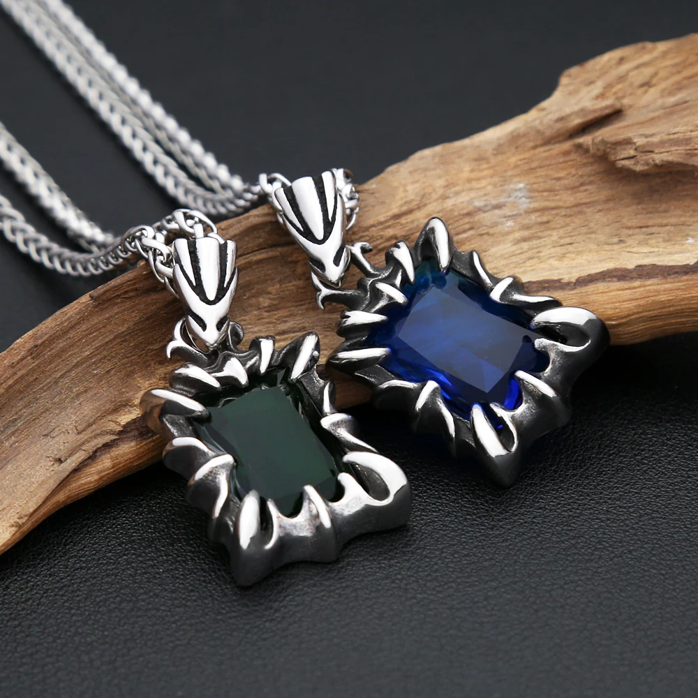 Vintage Fashion Red/Black/Blue/Green Color Stone Pendant Necklace For Men Women Stainless Steel Punk Couple Jewelry Dropshipping