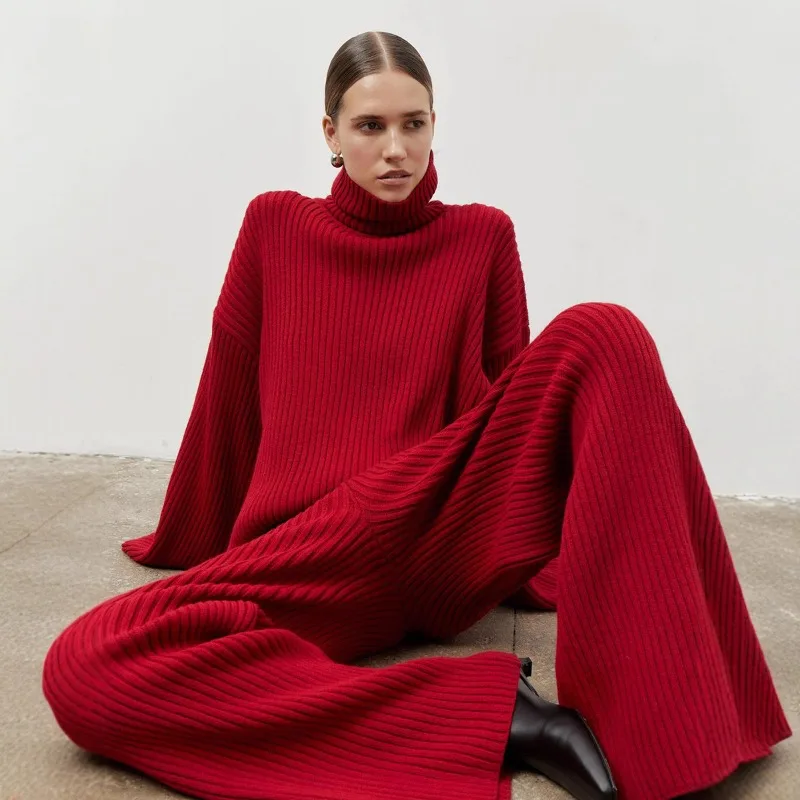 

Tuularose Women's 2-piece Autumn Solid Loose Knitted High Neck Sweater Ribbed Pants Set Casual Office Fashion Female Pants Set