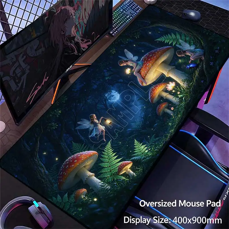 Forest Fairies Mouse Pad Giant Spotted Mushroom Night Moon Fireflies Keyboard Pads Non Slip Rubber Base Playmat for Work Gaming