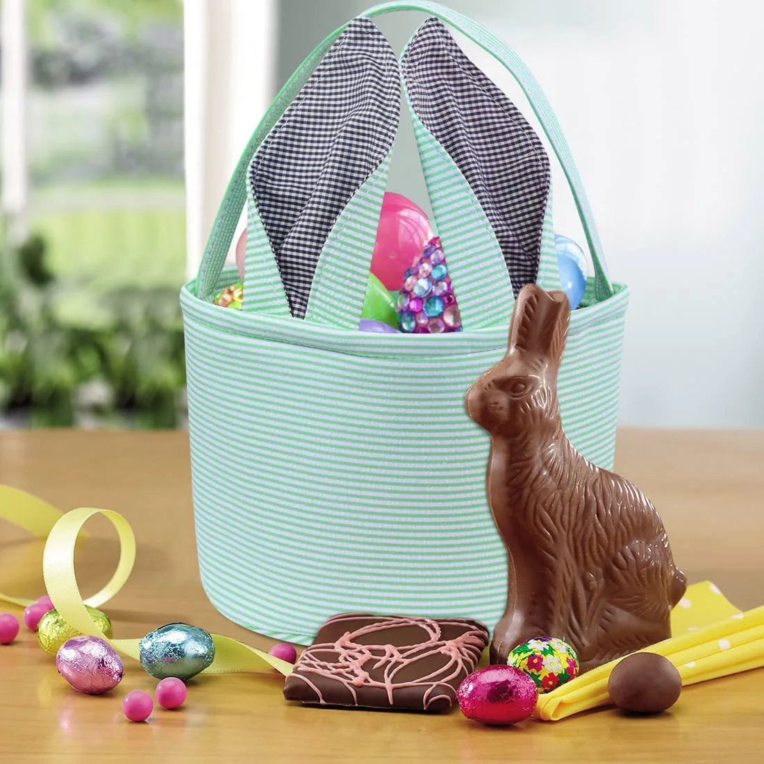 Personalised Embroidery Easter Baskets Easter Bunny Ears Bags with Cute Rabbit Ears Stripe Storage Kids Easter Egg Bunny Bucket