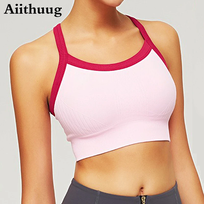 Aiithuug Racerback Yoga Bra with Built-in Cup Women's U-Neck Hit Color Strap Shockproof Breathable Underwear Workout Pilates Bra