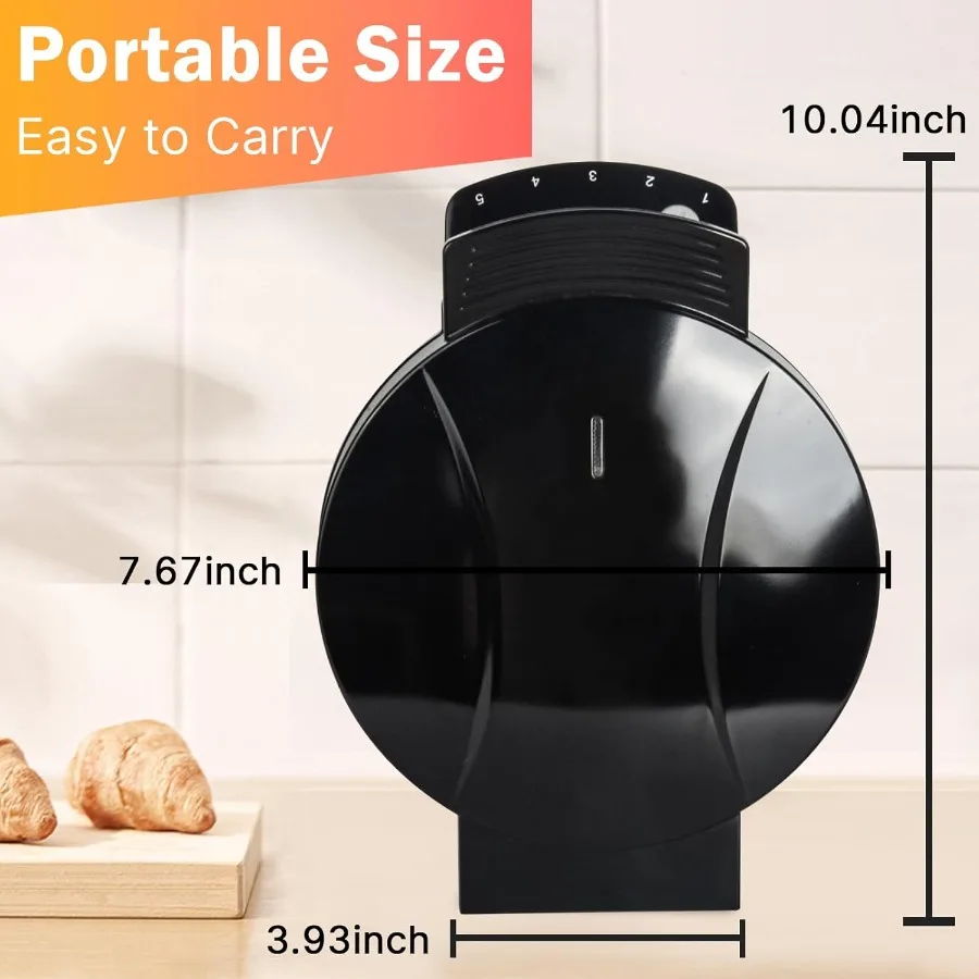 5段階の温度調節と急速加熱機能を備えた電気ハート型ワッフルメーカーで、完璧なベルギーワッフルが作れます。黒の丸型デザイン。