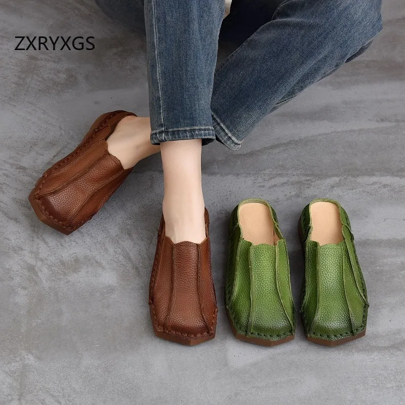 

ZXRYXGS Классические ретро-шлепанцы из натуральной воловьей кожи, женские сандалии, новые летние шлепанцы с квадратным носком на плоской подошве 2026