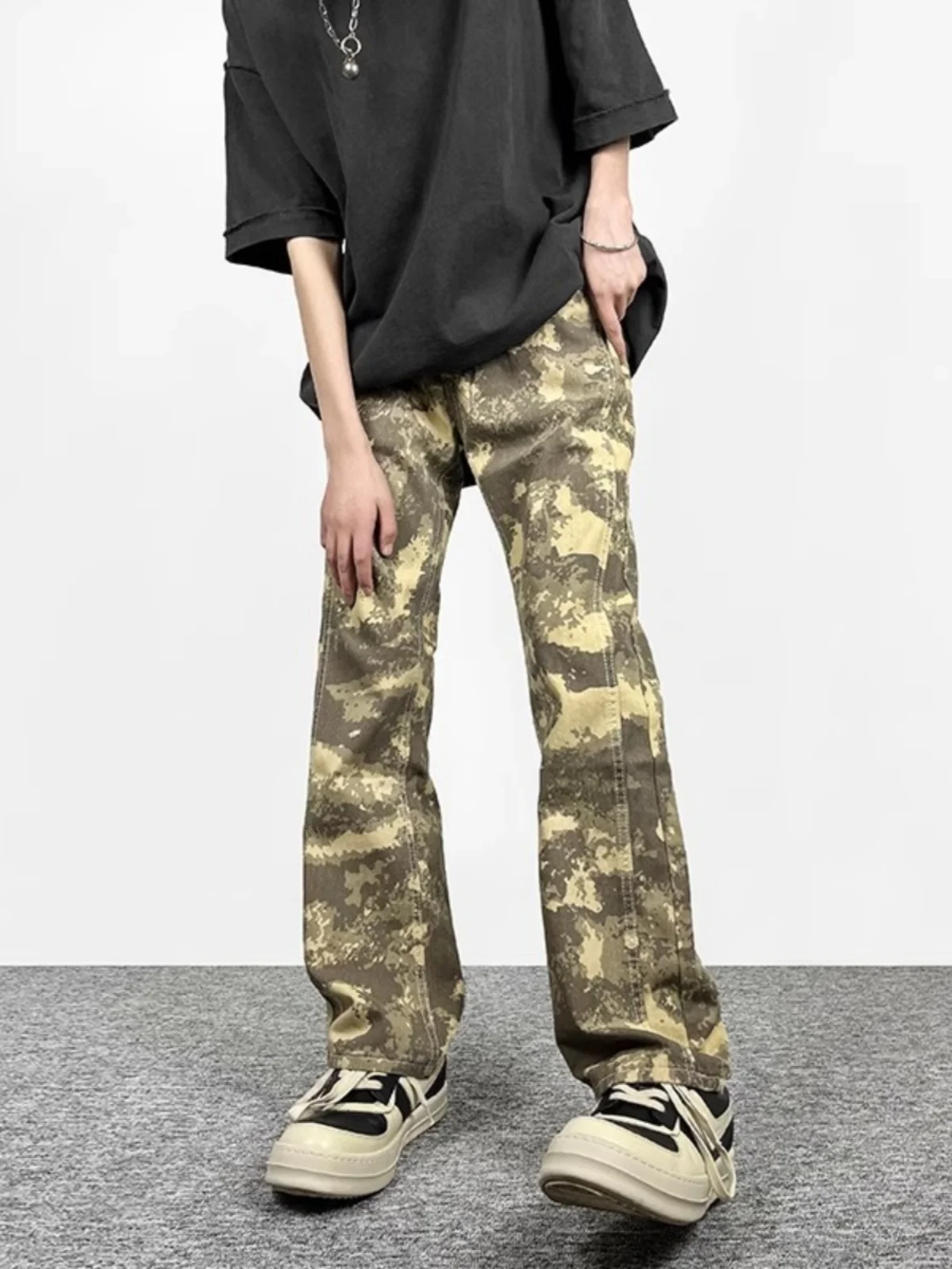 

Американские камуфляжные микро расклешенные джинсы в стиле ретро, мужские прямые свободные брюки для рабочей одежды, повседневная одежда, всесезонная одежда