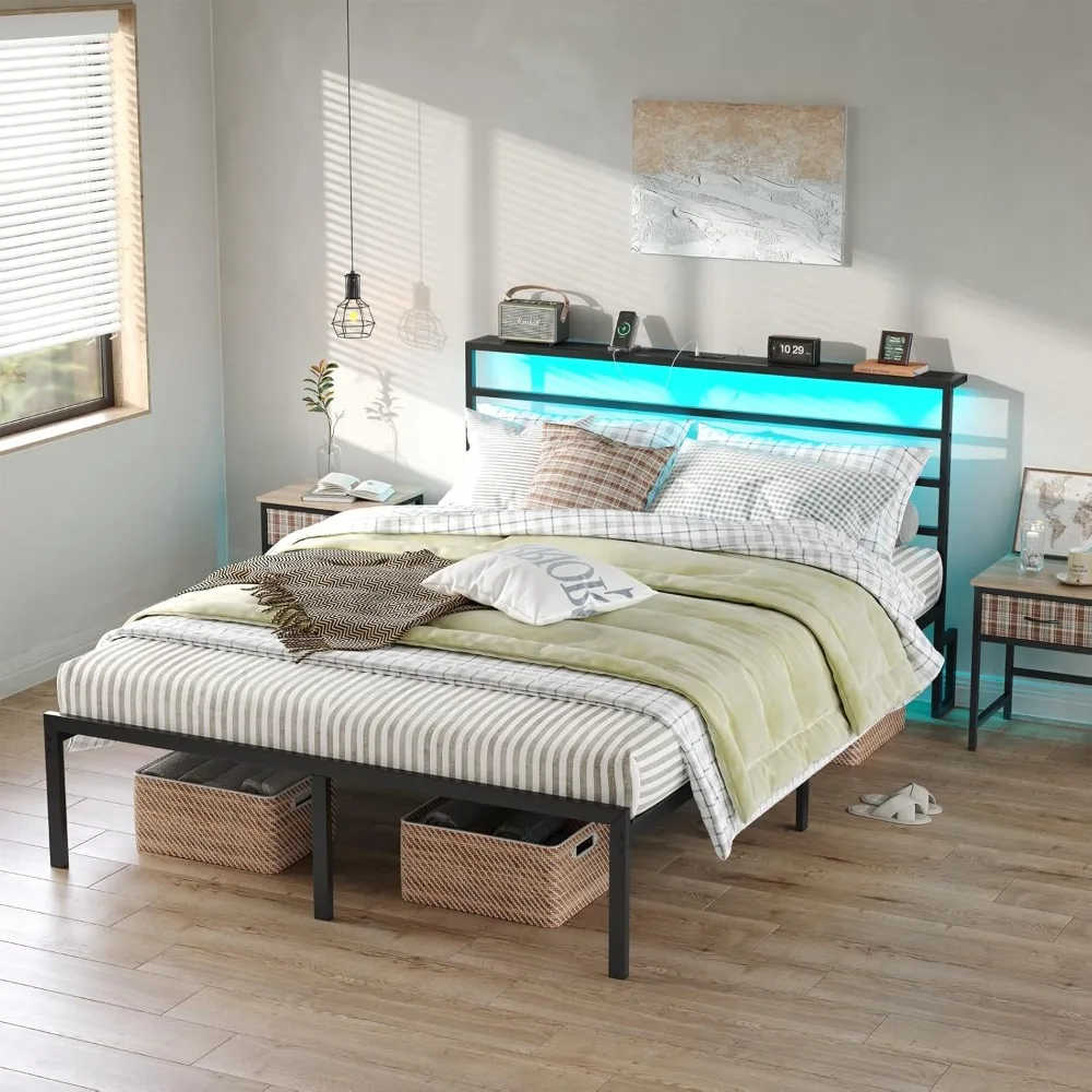 Full Size Bed Frame with Headboard, Metal Platform Bed Frame with Charging Station, Heavy Platform Bed Frame with LED,Bed Bases