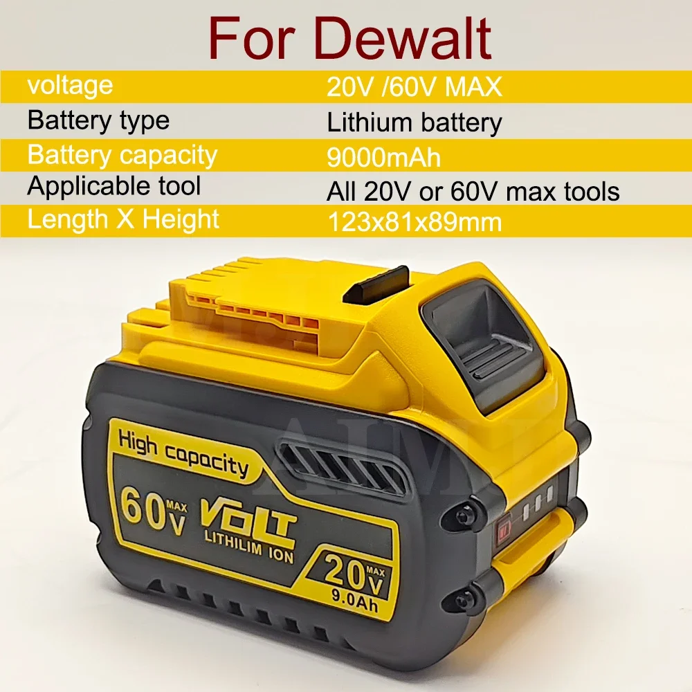 Baterai Li-ion pengganti baterai Dewalt DCB609, 60V 9000mAh DCB200 DCB606 DCB205 DCB206 DCB209 DCB182