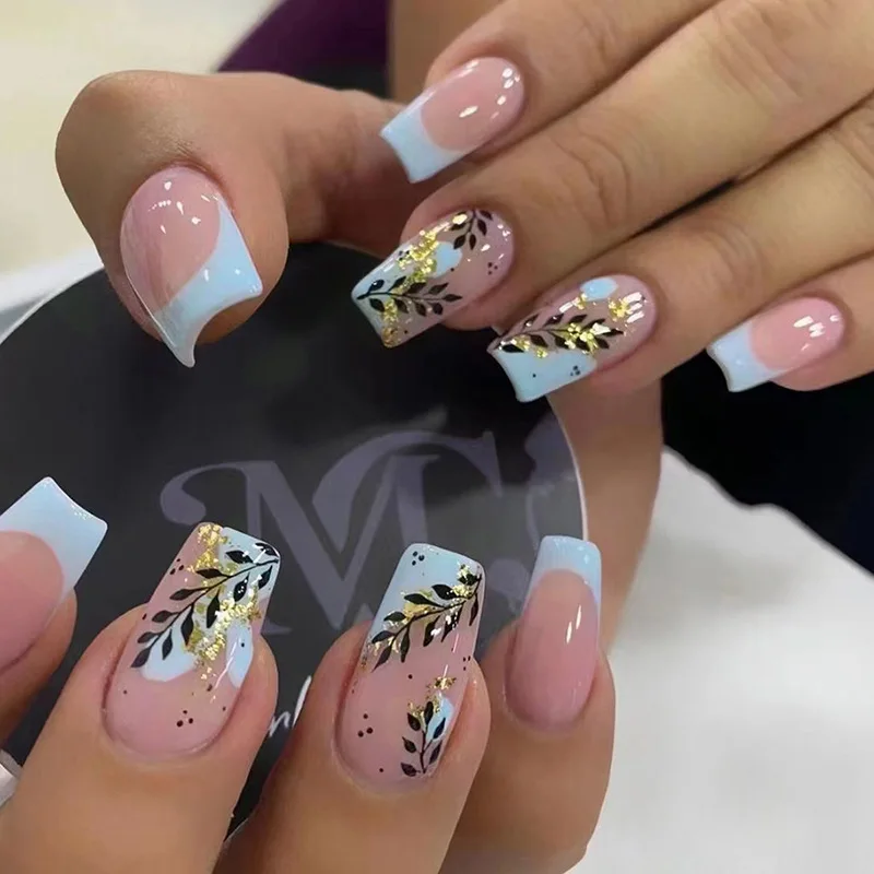 

24pcs French Gold Sparkling Powder Press on Nails Black Leaves Simple Short Nails Full Cover Wearable False Nails