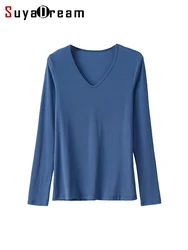 SuyaDream Women Knitted T Shirt Silk Viscose Blend Long Sleeves Solid Basic Cozy Tee 2022 Spring Summer Ribs Top Pink Blue