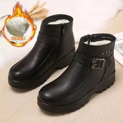 2024 Fashion Winter Women Pu Leather Ankle Boots Female Thick Plush Warm Snow Boots Mother Waterproof Non-slip Booties